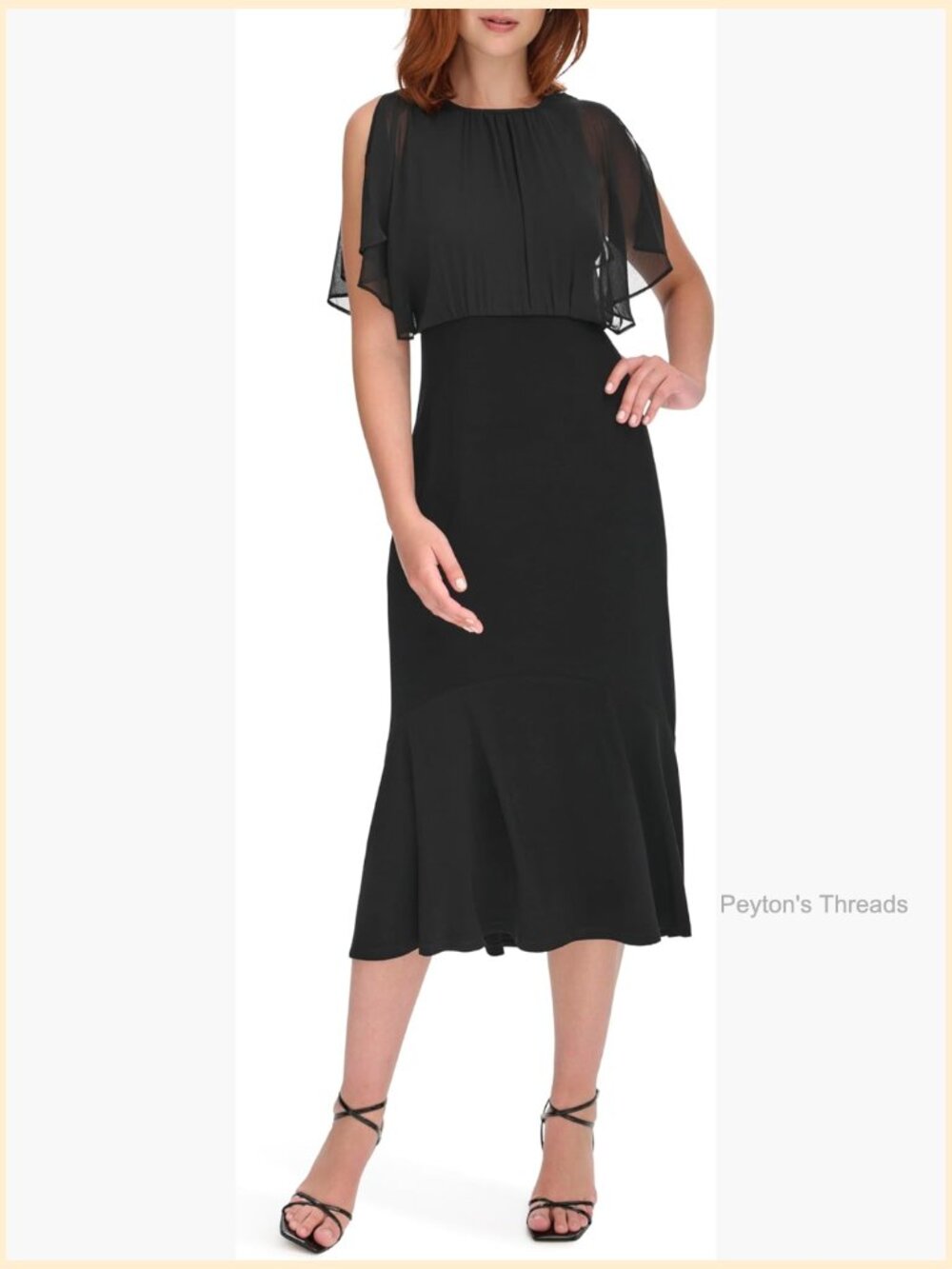 Sheer Overlay Keyhole Neck Jersey/Chiffon Midi Dress